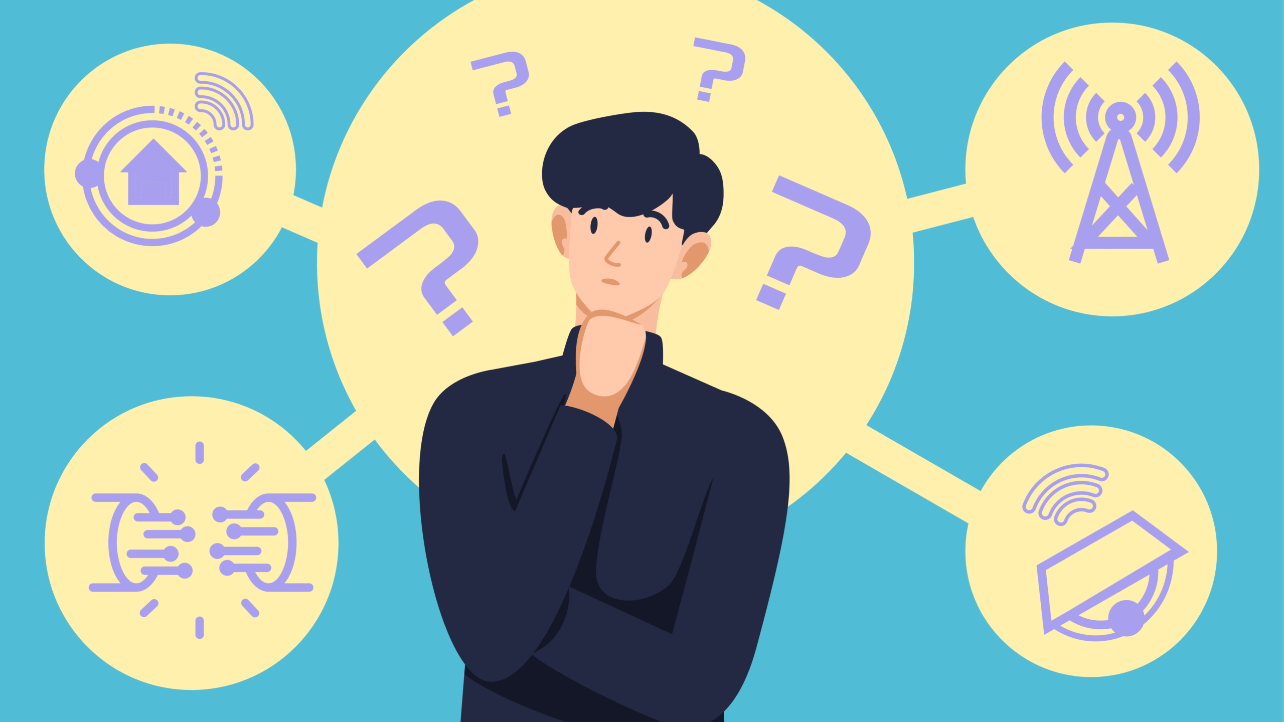 Person thinking about internet options including fiber, fixed wireless, and satellite broadband